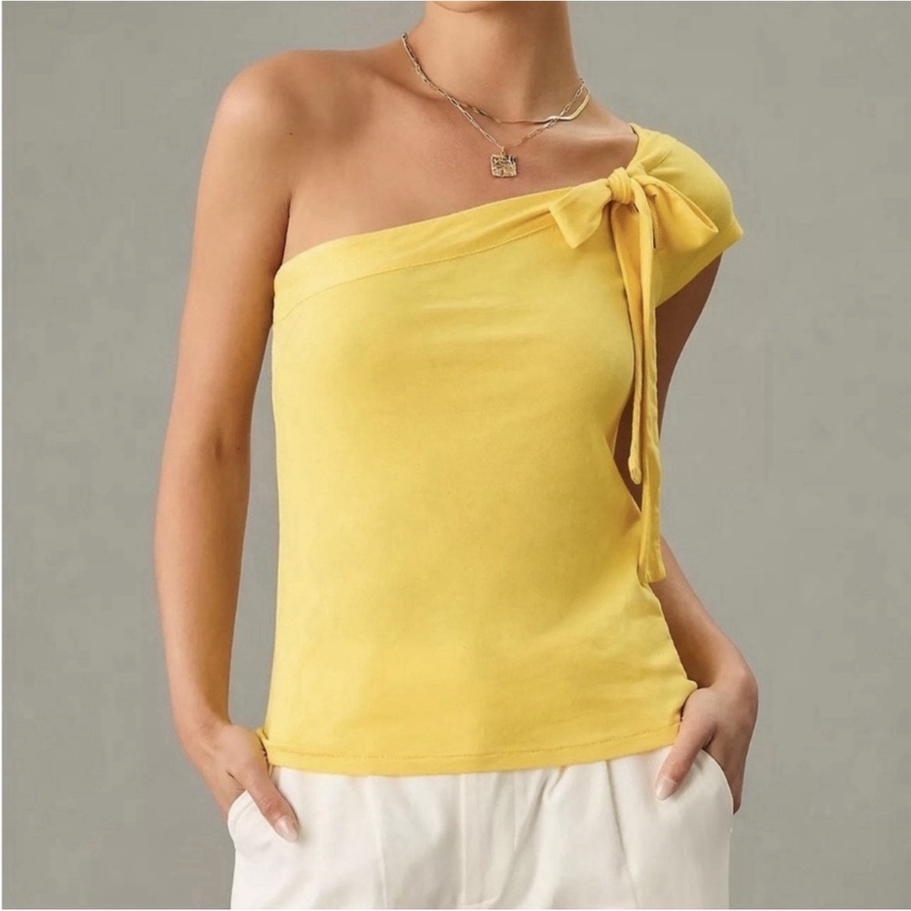Anthropologie Maeve One Shoulder Bow‎ Top Knit Sunny Yellow Top Blouse Sz M NWT